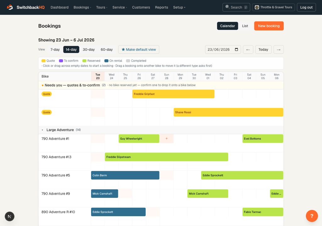 The operator booking calendar — bikes down the side, colour-coded bookings across the dates