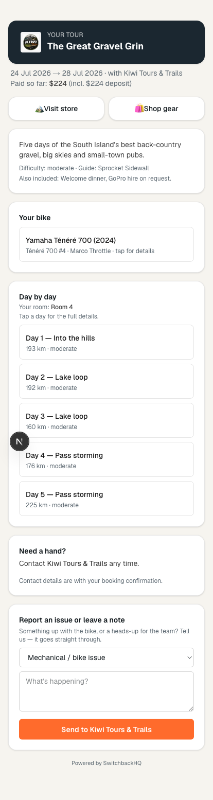 The rider trip app on a phone — the tour, the bike, a day-by-day itinerary and a report-an-issue form
