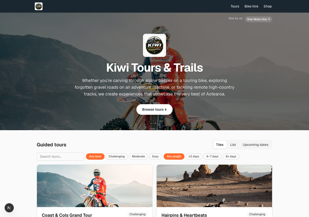 A branded customer storefront — hero photo, tours with prices